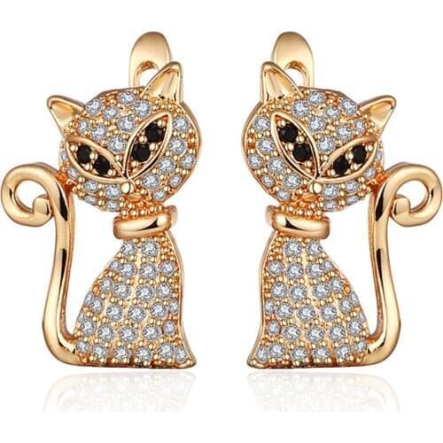 Creative Design Cat Shape Cubic Zirconia Stud Earrings Gold Silver Color Plated CZ Animal Earrings for Women Jewelry Unique Gift