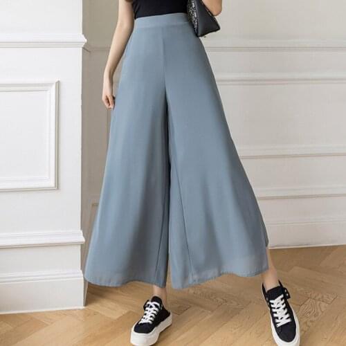 2021 Korean Fold Flared 9 Points Loose Chiffon Wide Leg Pants For Women Elastic High Waist Culottes Pants Women Summer Trousers