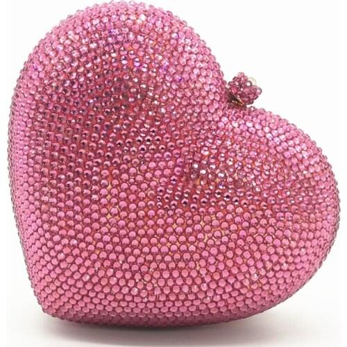 New Arrival Full Diamond Pink Crystal Evening Clutch Purse Luxury Heart-Shape Women Wedding Purses And Handbags Lady Clutches