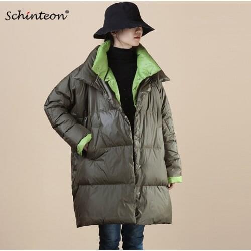 2020 Schinteon Women Down Jacket Loose Over Size Outwear Warm Winter White Duck Down Coat Stand Collar Fake Two Clothing