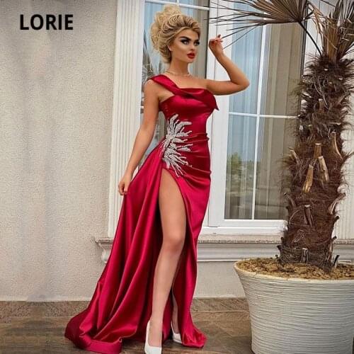 LORIE Gorgeous Arabic Evening Dress Crystal Beaded Red Sexy Prom Gown Satin Side Split Satin Wedding Celebrity Party Dresses