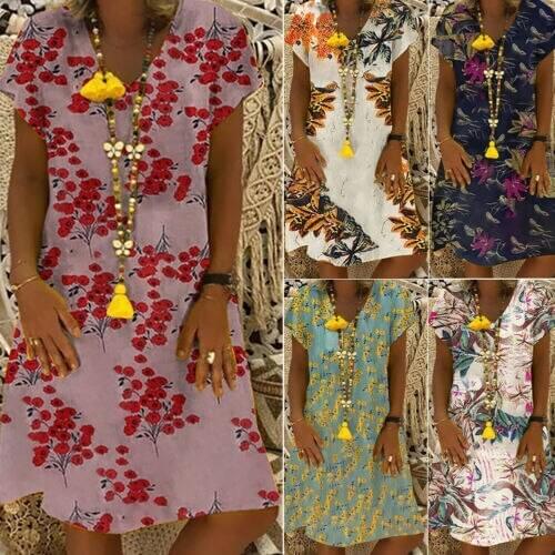 Women Casual Dress, Short Sleeve Various Floral Patterns V-Neck Dress, Summer Loose Dress for Beach, Vacation