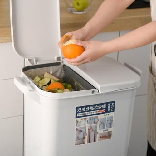 2 Layer Classification Trash Can Kitchen Plastic Dustbin Wet and Dry Push Button Recycle Stacked Sorting Rubbish Bin With Wheel