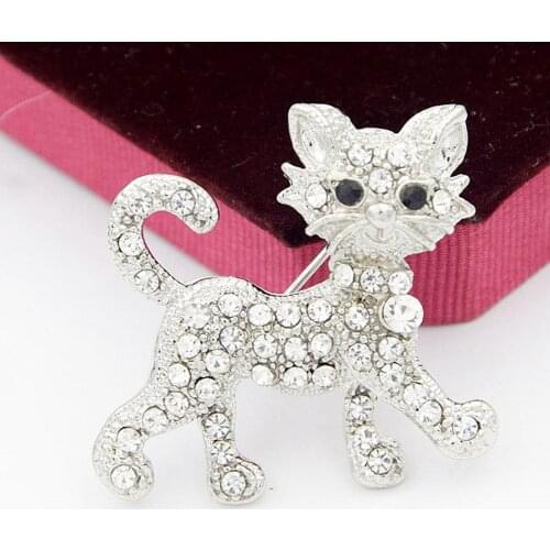 BLUELANS Women Alloy Rhinestone Cat Brooch Pin full crystal silver/golden animal brooches Clothes Badge Fashion Jewelry Gift