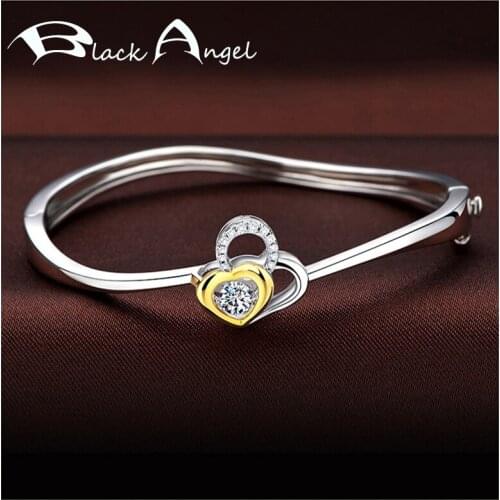 BLACK ANGEL New Shiny Double Color Romantic Heart To Heart Gemstone Bangle Bracelets for Women 925 Sterling Silver Jewelry Gift