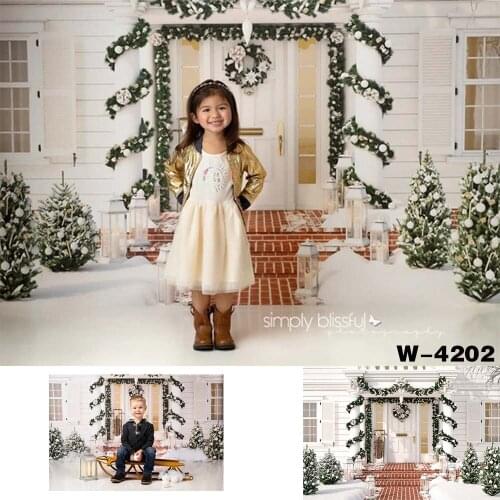 Photography Christmas Background Xmas House Entrance Porch With Little Trees And Lanterns Kids Party Photo Booth Studio Backdrop