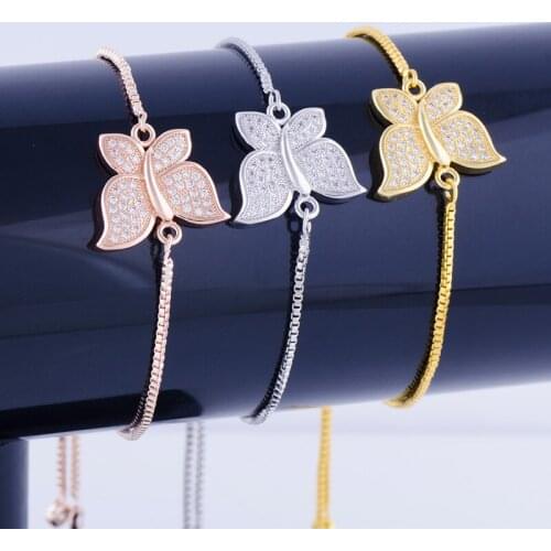 Hot Jewelry Shining Zircon Butterfly Charms Bracelets Handmade Copper Micro Pave Square Chain Womens Bracelets Bijoux Femme