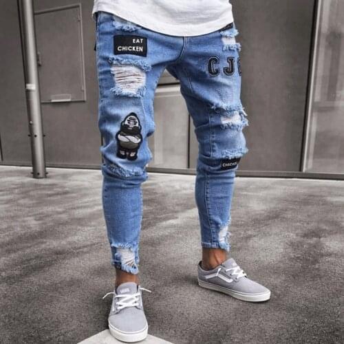 Men Casual Skinny Ripped Jeans Embroidery Destroyed Holes Long Pencil Pants Stretch Distressed Slim Fit Male Denim Trousers