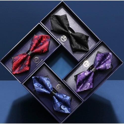 2020 Brand New Fashion Mens Bow Ties Wedding Double Fabric Paisley Bowtie Banquet Host Butterfly Tie with Gift Box Pocket Towel