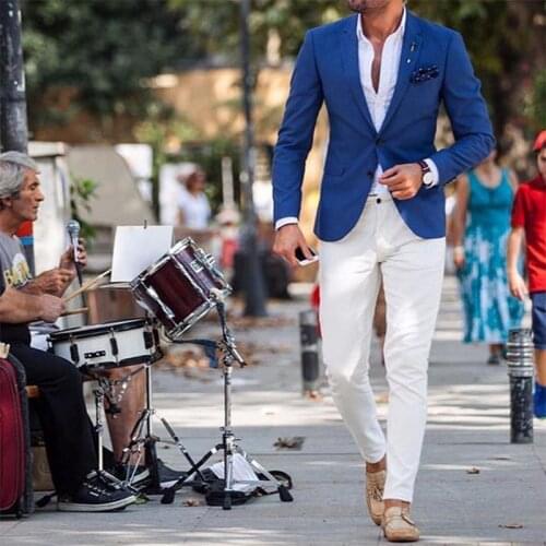 ANNIEBRITNEY Navy 2 Piece Slim Fit Men Suit With White Pants Groom Wedding Tuxedo 2 Piece Prom Wedding Business Men Suit Set