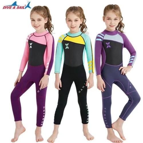 2.5MM Neoprene Girls One-piece Long Sleeves Wetsuits Kids Diving Suits Jump Suit Sunscreen Keep Warm Beachwear Surf Swimwear