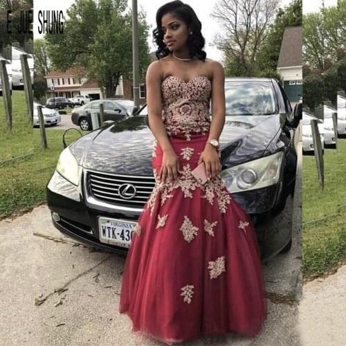 E JUE SHUNG New Burgundy Evening Dresses Sweetheart Lace up Back Gold Lace Appliques Formal Dresses Prom Gowns robe de mariee