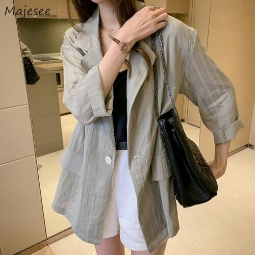 Blazers Women Summer Plus Size S-4XL Single Button Notched Loose Leisure Thin Sun-protection Clothing Harajuku Retro Female Chic
