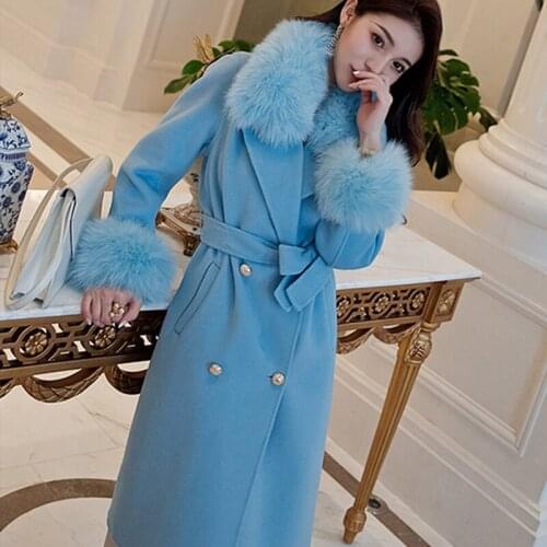 2020 Cashmere Wool Blended Real Fur Coat Winter Jacket Women Natural Fox Fur Collar Outerwear Long with Belt Slim Streetwear