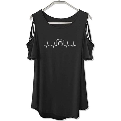 Women Short Sleeve t shirt Heartbeat of Camera T Shirts New Summer Fashion Photographer Female Tops Off The Shoulder Hollow Tee