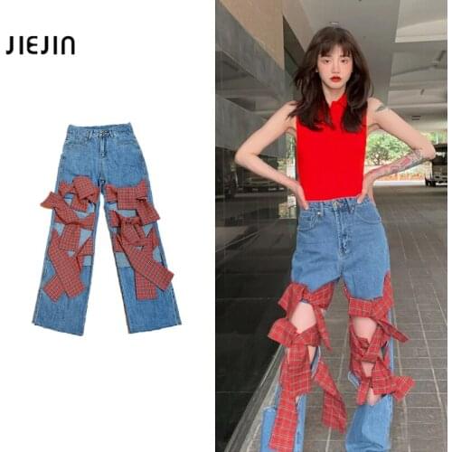 Red Plaid Patchwork Jeans Women Korea Chic Bowknot Denim Trousers Spring Autumn Vintage Streetwear Pants for Teen Girls