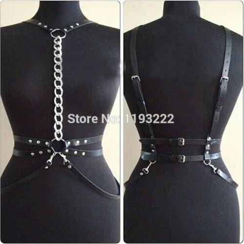 100% Handcrafted Leather Women Harness Girl Metal Chain Body Waist Cincher Sculpting Belt Cosplay Straps