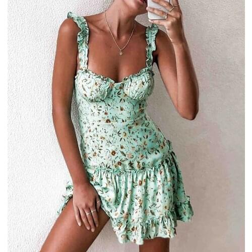 2021 Summer Bohemian Floral Dress Womens Sleeveless Square Ruffle Mini Dress Casual Sexy Beach Club Vintage Dresses Female