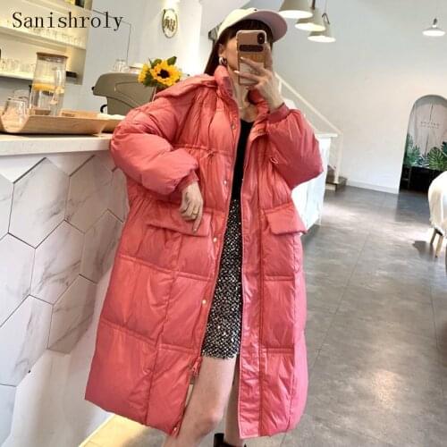 Sanishroly 2020 Women Winter Long Coat Loose Warm Thicken White Duck Down Jacket Parka Female Hooded Coats Tops Plus Size SE1008