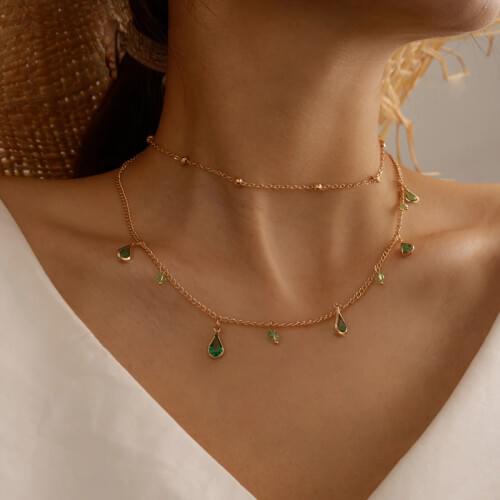 HuaTang Boho Green Crystal Water Drop Necklace for Women Gold Bead Double Clavicle Chain Female Collares Jewelry on the Neck