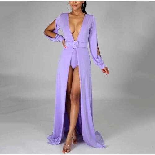 Elegant Dress Women For Wedding Pary Long Purple Deep v Neck Split Floor Length Sexy Evening Dinner Night Vestidos Mujer 2020