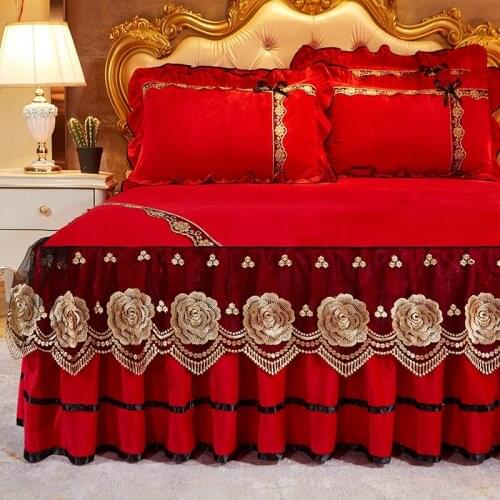 Winter Crystal Velvet King Size Gray Bed Sheets Home Luxury Bedspread European Style Lace Bed Skirt Not Include Pillowcase