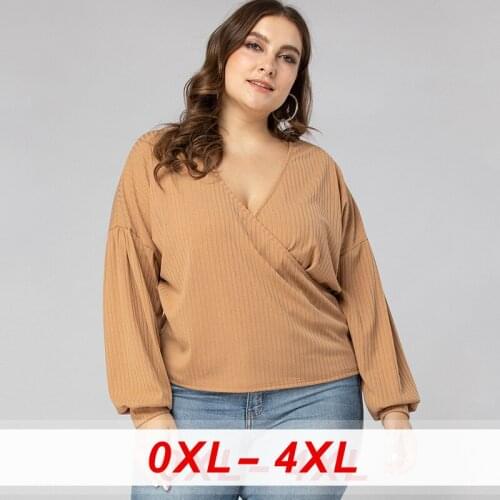 2020 Autumn New Plus Size Tops for Women Large Long Sleeve Lantern Sleeve Loose Casual V Neck Sexy Low-cut Woman T-shirt Khaki