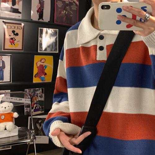 2020 Winter Mens Long Sleeve Wool Sweaters Loose Fashion Coats Striped Printing Pullover Homme Cashmere Knitting Size M-2XL
