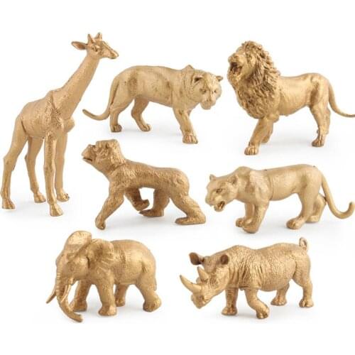 7pcs Golden Animal Figurines Modern Plastic Lion Elephant Giraffe Tiger Statues Home Decoration Crafts Gold Sculpture Toys Gifts