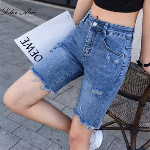 Free Shipping 2021 Womens Summer New Straight Denim Shorts High Waist Hole and Thin Pants