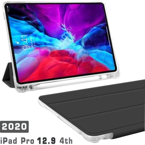 For iPad Pro 12.9 2020 semi-transparent back Case with pencil holder case for Apple iPad 12.9 4th gen flip leather case stand