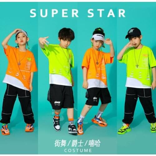 Kids Cool Hip Hop dancing Outfits Green Tshirt Shorts Cargo Pants For Girls Boys Jazz Dance Wear Costumes Stage Show Outfits