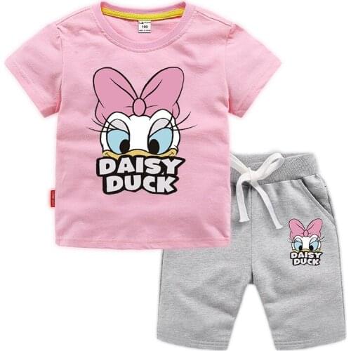 Disney Daisy Duck Baby Boy Girl Clothes Print Summer Short Sleeve T shirt+ Pants Toddler Set Casual Cotton Children Clothing