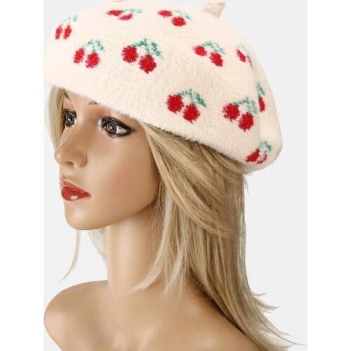 French Style Street Casual Warm Kids Girl Beret Flat Top Cute Embroidery Newsboy Cap Cherry Pattern Custom Women Hats