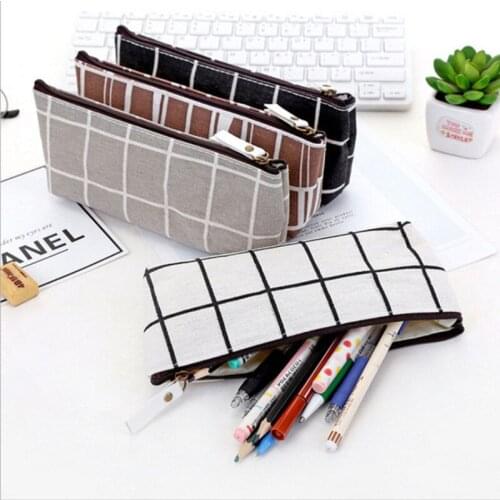 Stationery Canvas Pencil Case School Pencil Bag Simple Striped Grid Pencilcase Office Supplies Pen Bag Students Pencil Box