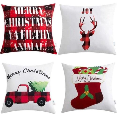Plaid Linen Throw Pillow Covers 4 Sets, 18x18 Inches Christmas Sofa Throw Pillow Covers, Printed With Buffalo Truck Astonishing