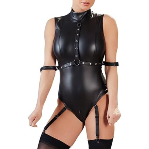 Comeondear Women Pu Leather Bodysuits Sleeveless Mock Neck Turtleneck Bodysuit with Zip Black Sexy Costumes Sexy Bodysuit R80876