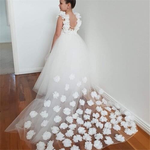 Lace Flower Girl Dresses with Long Train Tulle First Communion Toddler Birthday Princess Special Occasion Gowns