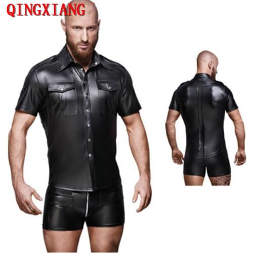 Summer S-2XL 2019 Fashion Black Faux Leather Men Sexy Two Pockets Tops Tees DS Motorbike Short Sleeves Shirts With Button