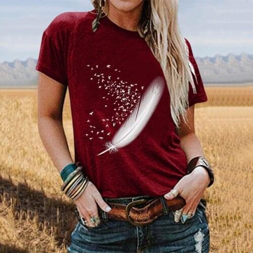 Fashion Graphic Tee Womens Tee Shirts O-Neck Plumage Printing Tee Casual Women Shirts Funny T shirt For Girl Summer Tops S-3XL