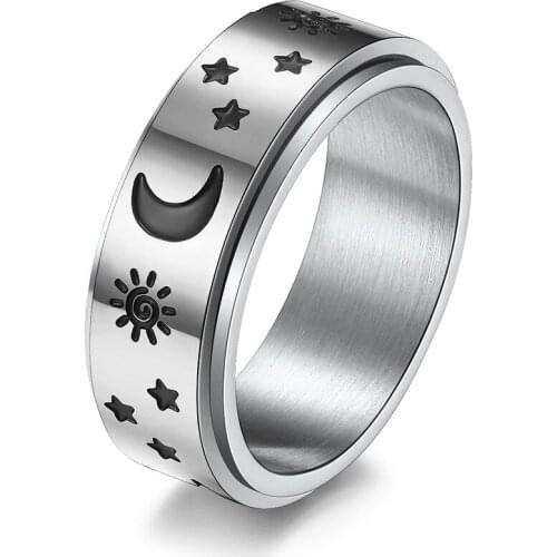 Fashion Spinner Rings Bohemia Stainless Steel Moon Sun Star Rotatable Ring for Men Him Cocktail Jewelry
