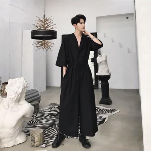 New 2020 Men Casual Jumpsuit Overalls Male One Piece Long Sleeved Loose Jumpsuit Hair Stylist Youth Tooling Wide Leg Pants