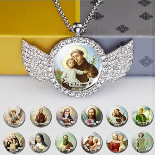 Angel Wing Pendant Orthodox Decorations Silver Diamond Chain Necklace Catholic Church Jesus Christ Virgin Mary
