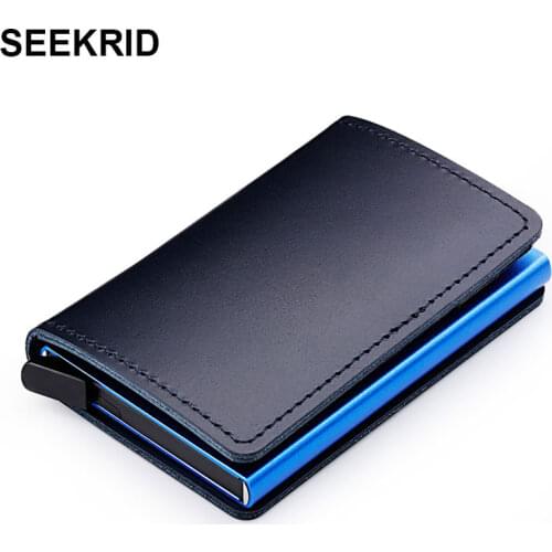 RFID Blocking 100% Genuine Leather Slimwallet Aluminum Credit Card Holder Metal Business ID Cardholder Card Case Mini Wallet