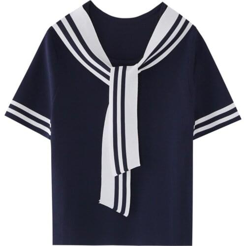 Preppy Style Women Sailor Collar Lace Up Knitted T-Shirt Summer Short Sleeve Casual Teenager Girls Vintage Striped Tees Tops