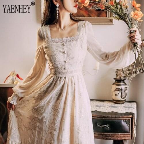 Embroidery Lace Maxi Dresses Woman Square Collar Long Sleeve Runway Evening Party Dress Ladies Vestido High Waist Apricot Dress