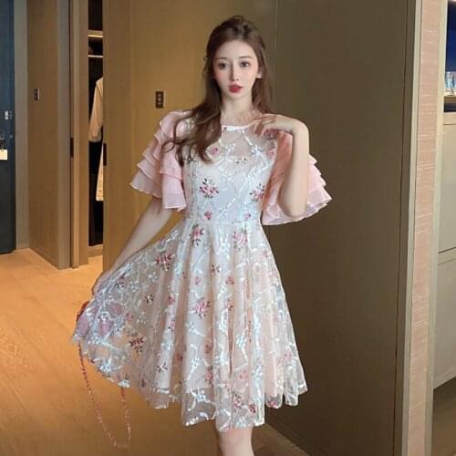 Pink Lace Crochet Summer Dress Women Sweet Korean Luxury Floral Embroidery Mini Dress Patchwork Party Dress A-Line Vintage C647