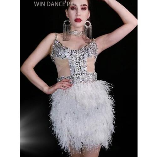 2021 Women New Silver Rhinestones Transparent White Feather Dress Dance Celebrate Dress Outfit Birthday Bar Prom Party Dress