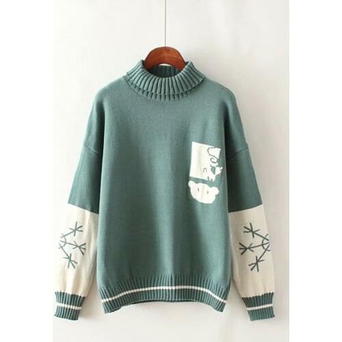 Winter Japanese Cute Bear Women Turtleneck Sweaters Kawaii High Neck Warm Girls Pink Pullover Mori Vintage Green Knitted Jumper