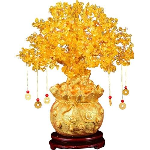 1PC 19cm Natural Crystal Tree Money Tree Ornaments Bonsai Style Wealth Luck Feng Shui Ornaments Home Decoration (with Gold Coins
